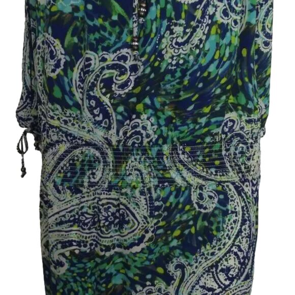 CACHE Dress, S, Blue/Green Paisley, Smocked waist, Slit Sleeve, Tie Neck/Beaded - Picture 4 of 12